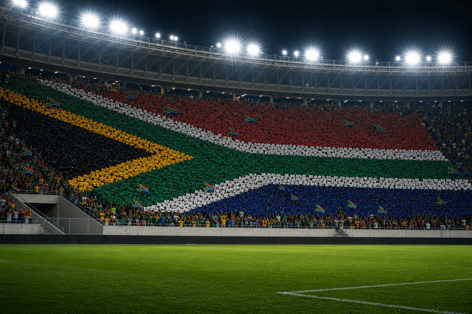 Estadio FNB Stadium em imagem autoral sem escudos ou marcas, para jogos da África do Sul