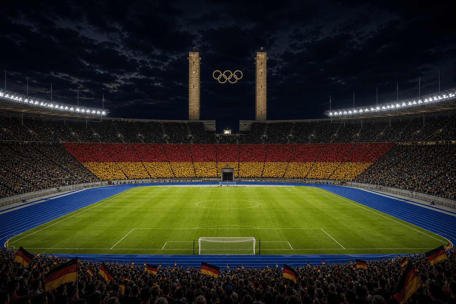 Estadio Olympiastadion Berlin em imagem autoral sem escudos ou marcas, para jogos da Alemanha F