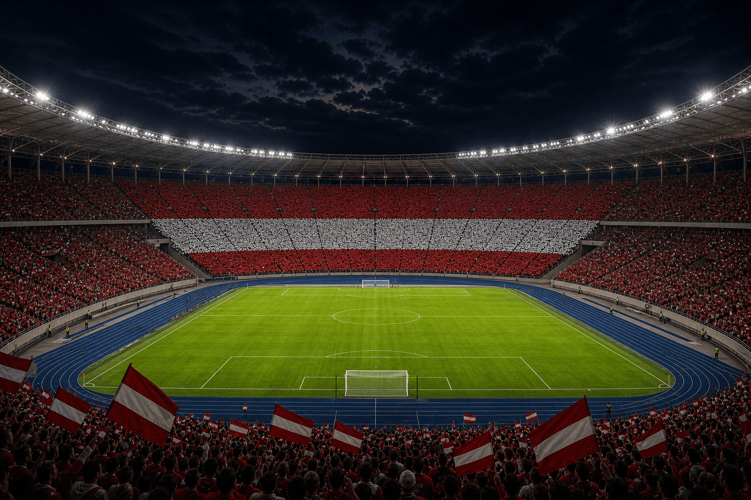 Estadio Ernst Happel Stadion em imagem autoral sem escudos ou marcas, para jogos da Áustria F