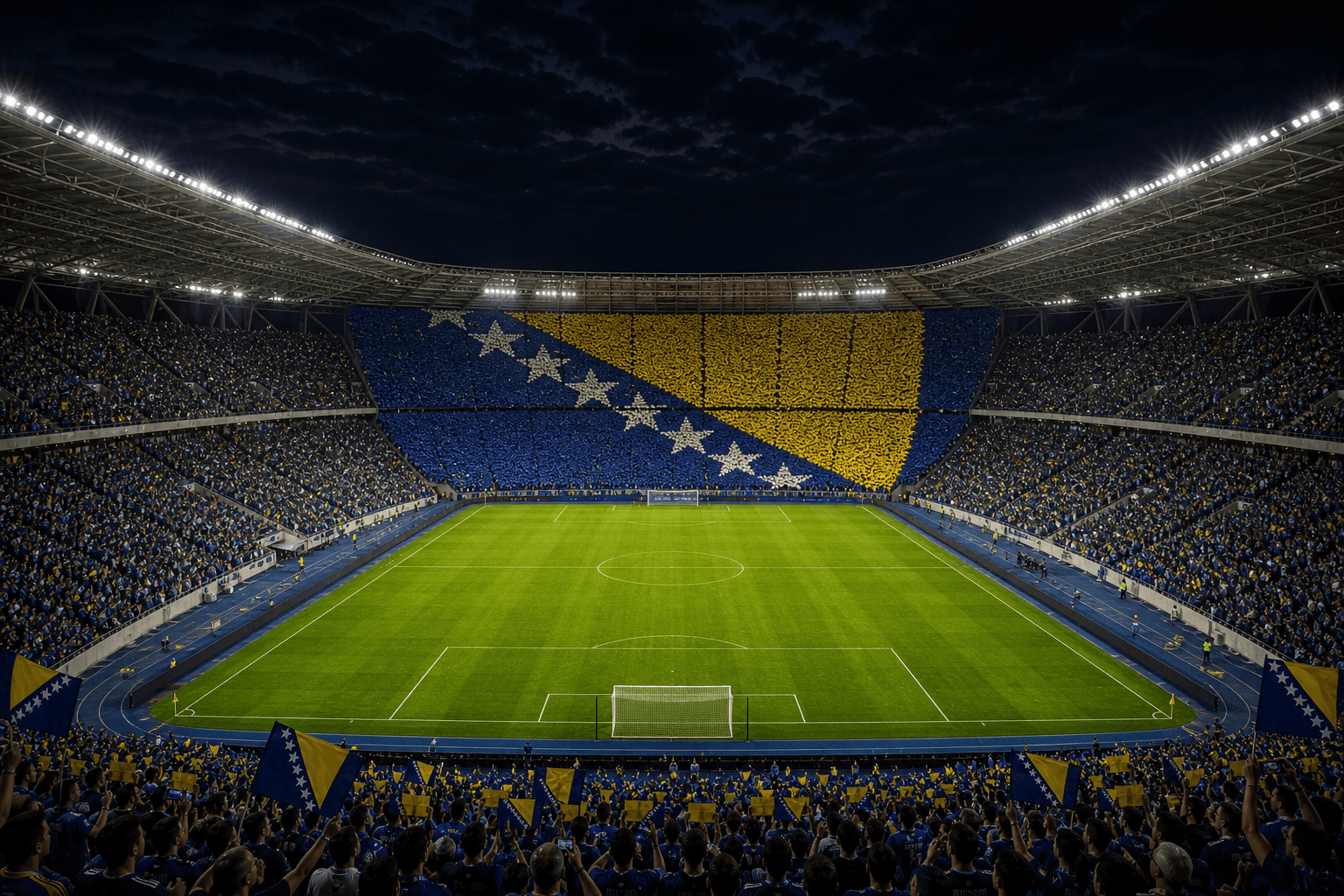 Estadio Bilino Polje em imagem autoral sem escudos ou marcas, para jogos da Bósnia e Herzegovina
