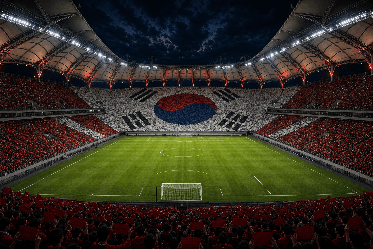 Estadio Seoul World Cup Stadium em imagem autoral sem escudos ou marcas, para jogos da Coreia do Sul