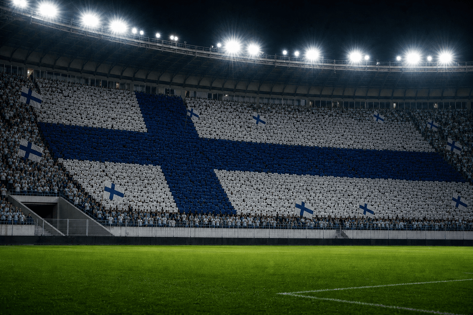 Estadio Helsinki Olympic Stadium em imagem autoral sem escudos ou marcas, para jogos do Finlândia F