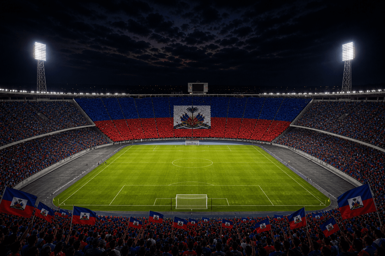 Estadio Stade Sylvio Cator em imagem autoral sem escudos ou marcas, para jogos do Haiti