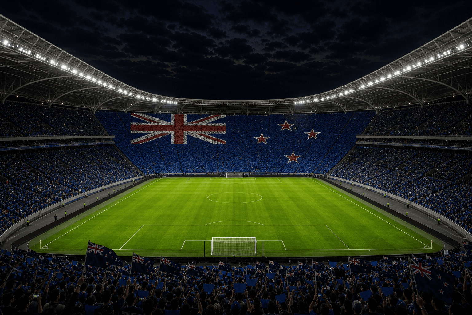 Estadio Sky Stadium em imagem autoral sem escudos ou marcas, para jogos da Nova Zelândia