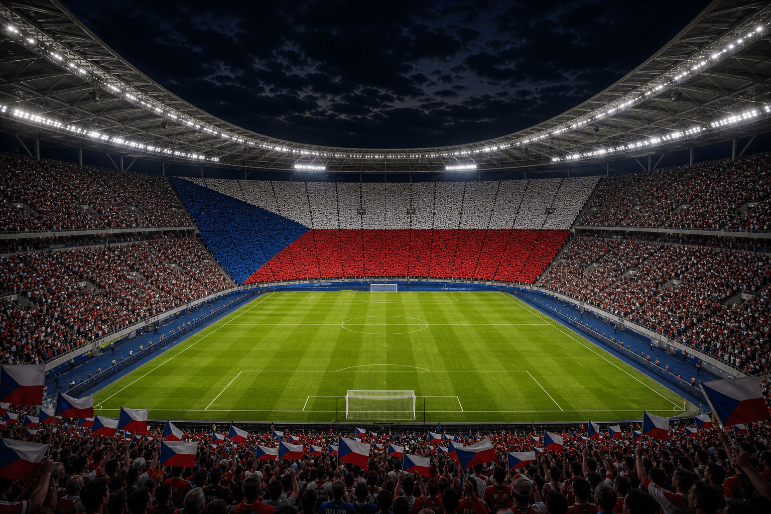 Estadio Eden Arena em imagem autoral sem escudos ou marcas, para jogos do República Tcheca