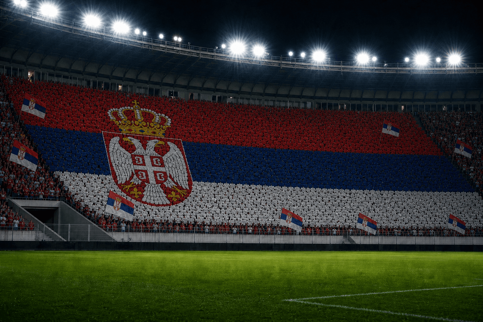 Estadio Rajko Mitic Stadium em imagem autoral sem escudos ou marcas, para jogos da Sérvia F