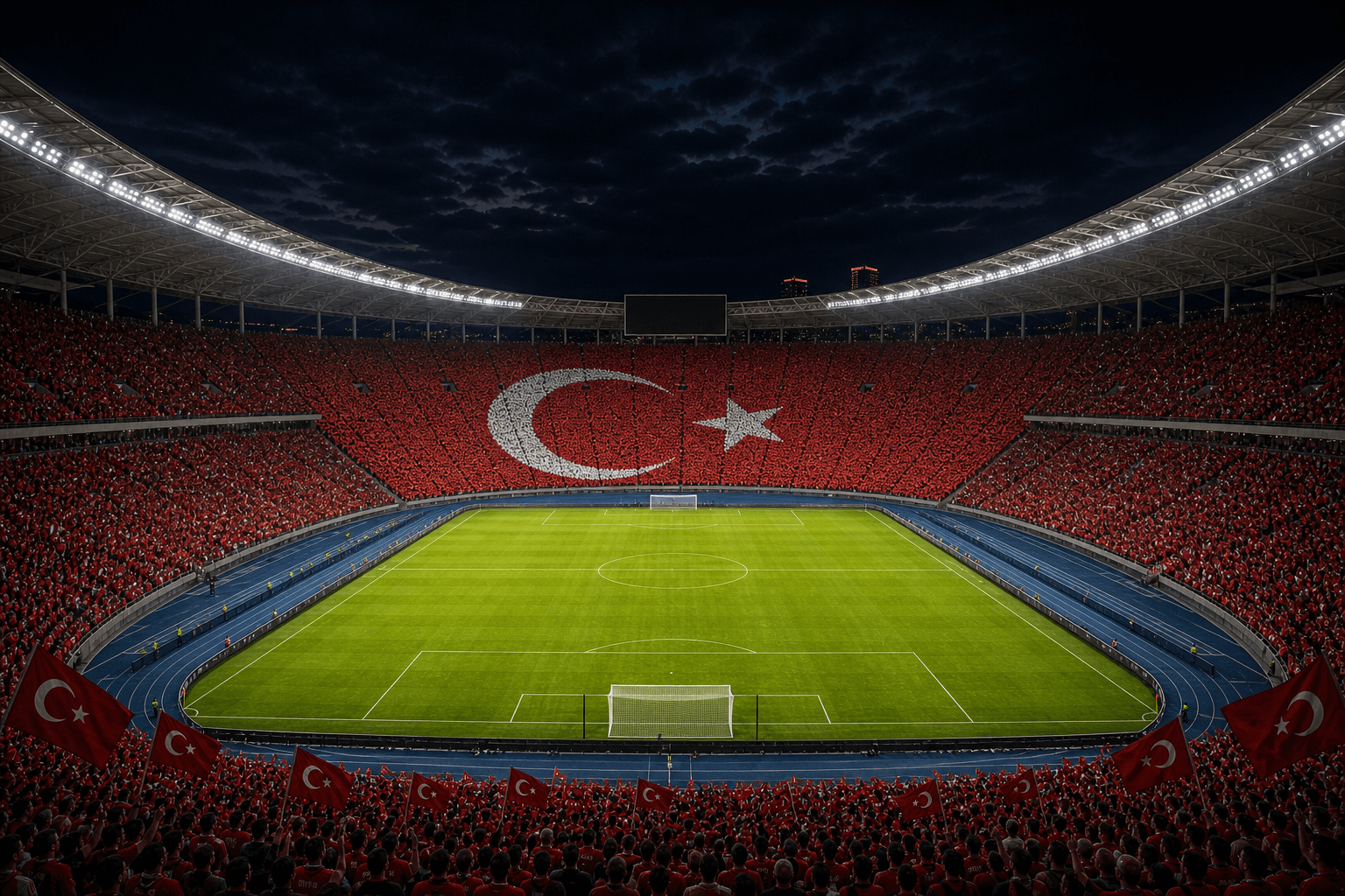 Estadio Ataturk Olympic Stadium em imagem autoral sem escudos ou marcas, para jogos da Turquia F